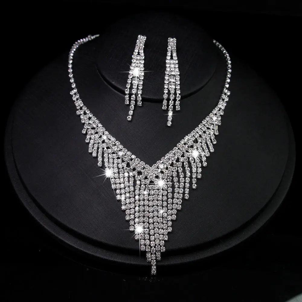 Mariam's Collection MAC047 Rhinestone Crystal angle Earring Fringe Chain Necklaces Sets — construction detail