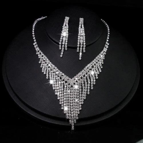 MAC047 Rhinestone Crystal angle Earring Fringe Chain Necklaces Sets