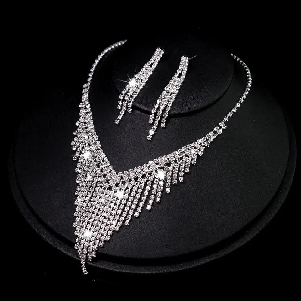 Mariam's Collection MAC047 Rhinestone Crystal angle Earring Fringe Chain Necklaces Sets — Mariam's Collection branding close-up
