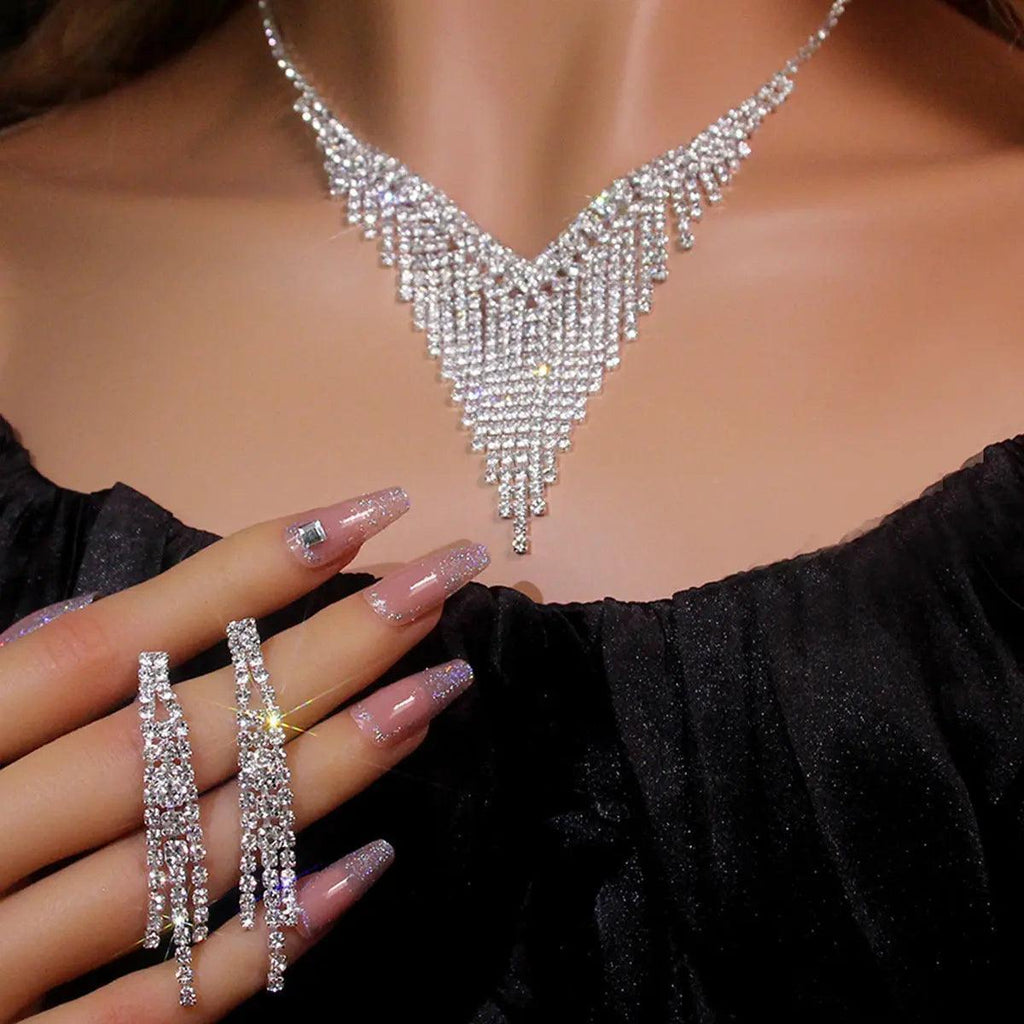 Mariam's Collection MAC047 Rhinestone Crystal angle Earring Fringe Chain Necklaces Sets — detail shot 6