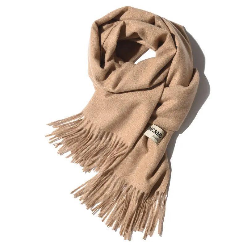 Mariam's Collection MAC049 Imitation Cashmere Solid Color Basic Tassel Scarf — lifestyle worn / used context