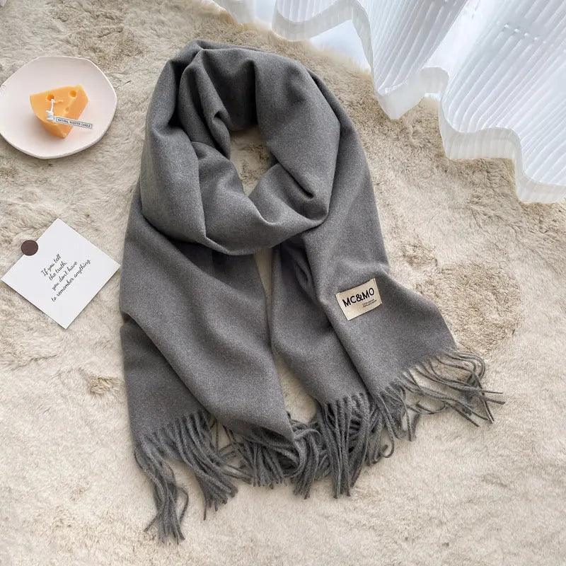 Mariam's Collection MAC049 Imitation Cashmere Solid Color Basic Tassel Scarf — product on model