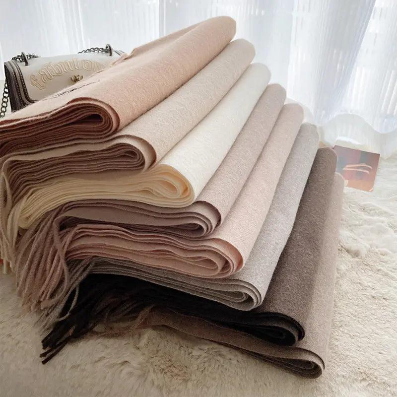 Mariam's Collection MAC049 Imitation Cashmere Solid Color Basic Tassel Scarf — Mariam's Collection branding close-up