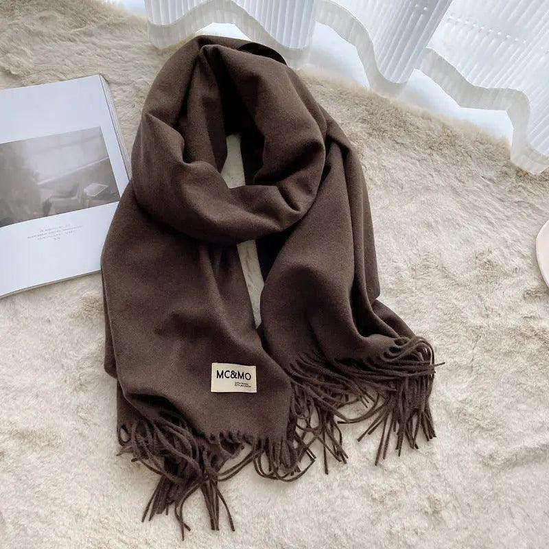 Mariam's Collection MAC049 Imitation Cashmere Solid Color Basic Tassel Scarf — in-use photo