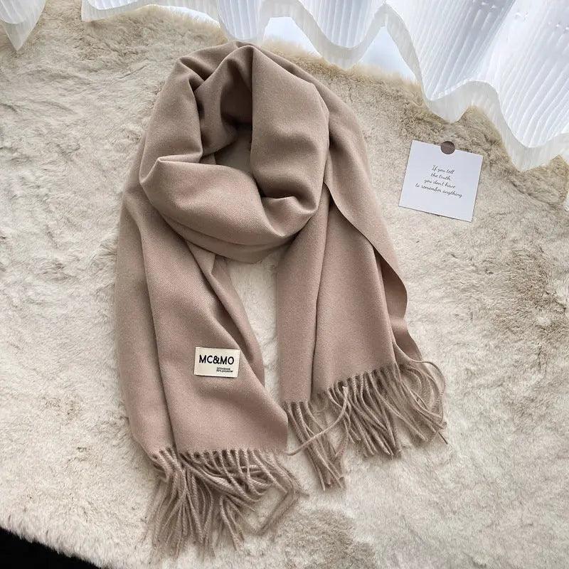 Mariam's Collection MAC049 Imitation Cashmere Solid Color Basic Tassel Scarf — flat-lay composition