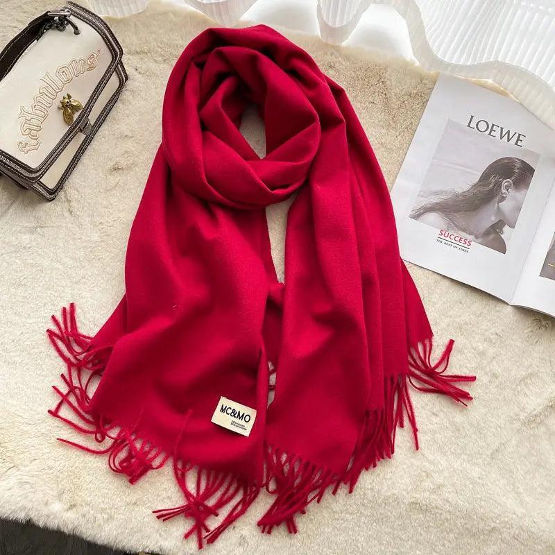 Mariam's Collection MAC049 Imitation Cashmere Solid Color Basic Tassel Scarf — product on model
