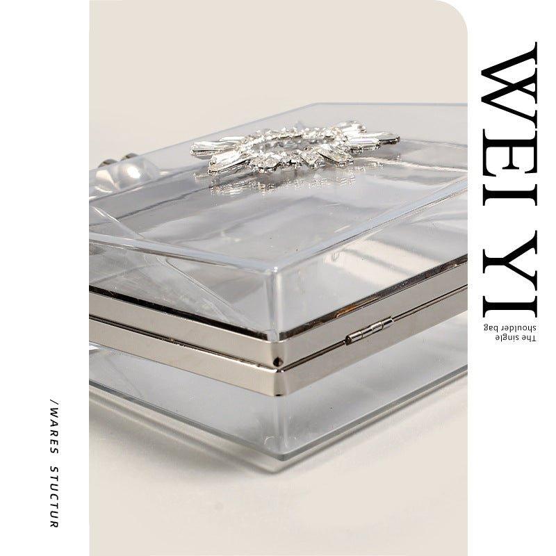 Mariam's Collection MAC082 Chain Crossbody Rhinestone Acrylic Transparent Evening Bag — Mariam's Collection branding close-up