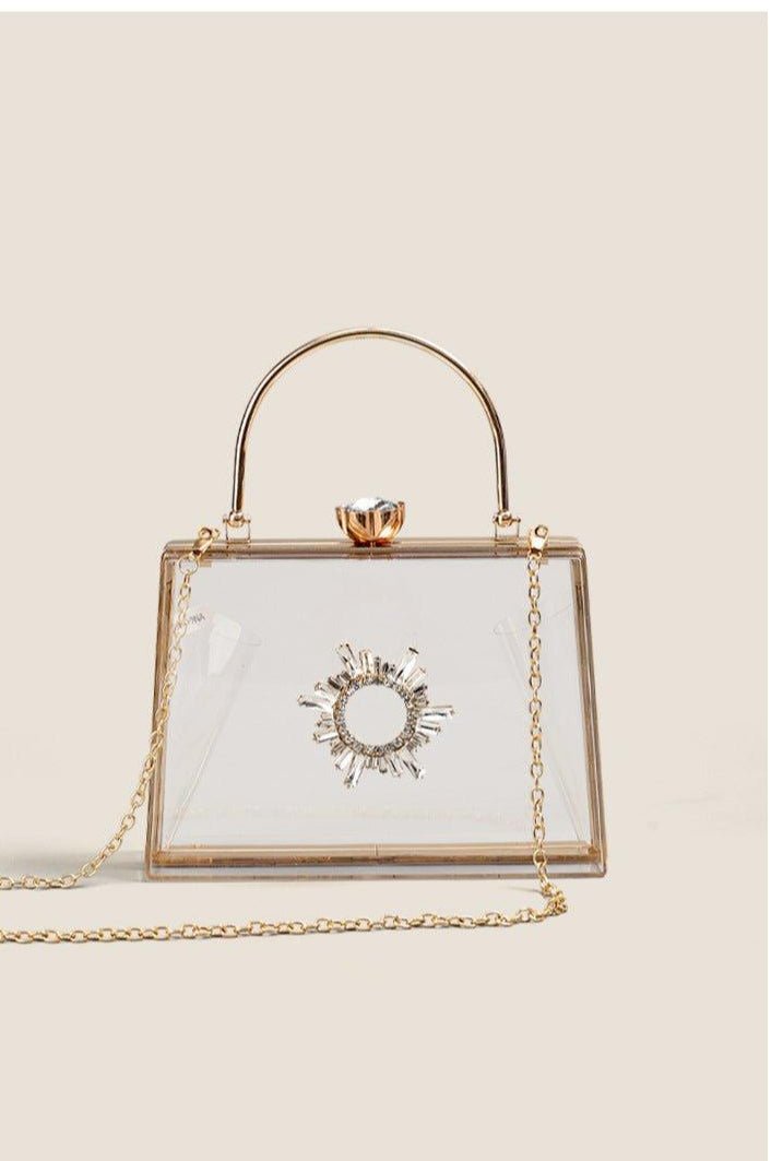 Mariam's Collection MAC082 Chain Crossbody Rhinestone Acrylic Transparent Evening Bag — lifestyle worn / used context
