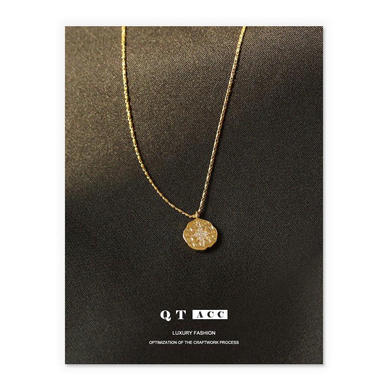 Mariam's Collection Mariam's Collection MAC084 North Star Coin Button Pendant Necklace — Mariam's Collection branding close-up