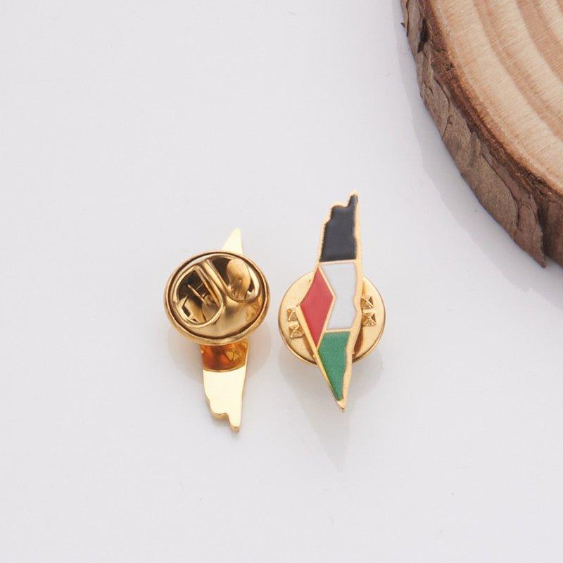 Mariam's Collection MAC103 Stainless Steel Keffiyeh Palestine Map Brooch — Mariam's Collection branding close-up