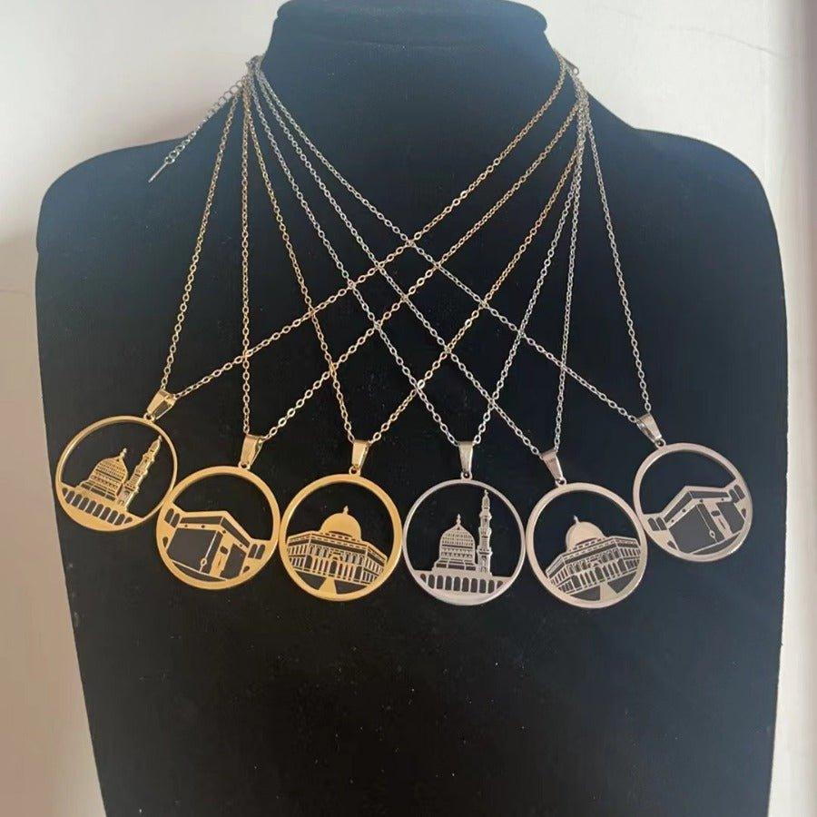 Mariam's Collection Mariam's Collection MAC111 Stainless Steel Masjid Pattern Necklace — Mariam's Collection branding close-up