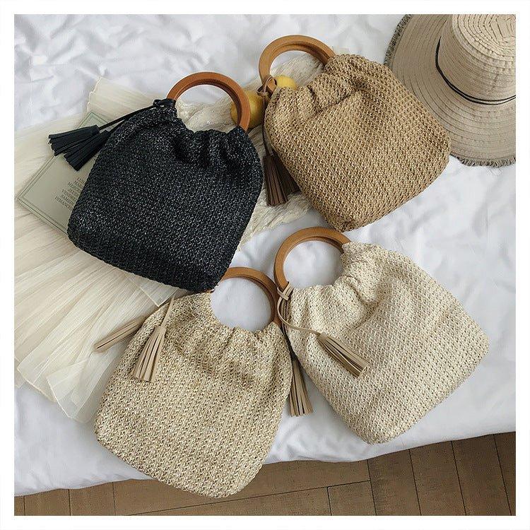 Mariam's Collection MAC132 Fashionable Straw Simple Beach Tassel Bucket Bag — main product shot