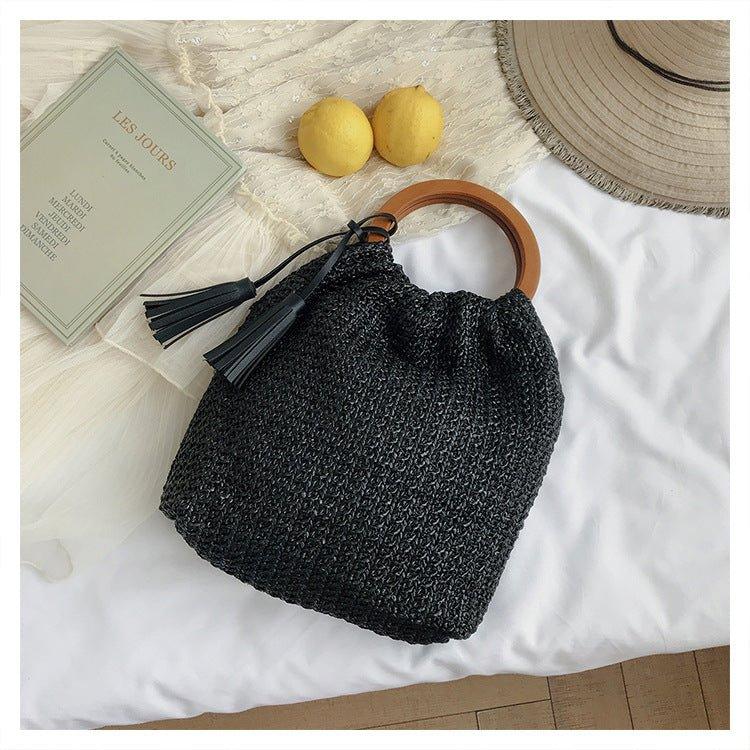 Mariam's Collection MAC132 Fashionable Straw Simple Beach Tassel Bucket Bag — product category context