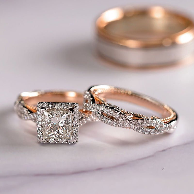 Mariam's Collection MAC175 Rose Gold Sparkling Zircon Luxury Engagement Ring — lifestyle worn / used context