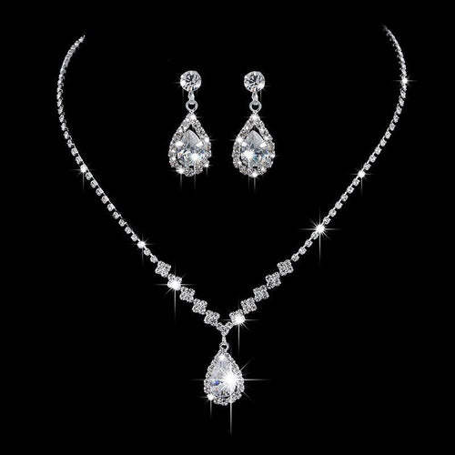 MAC181 Brilliant Full Diamond Zircon Drop Necklace And Earrings