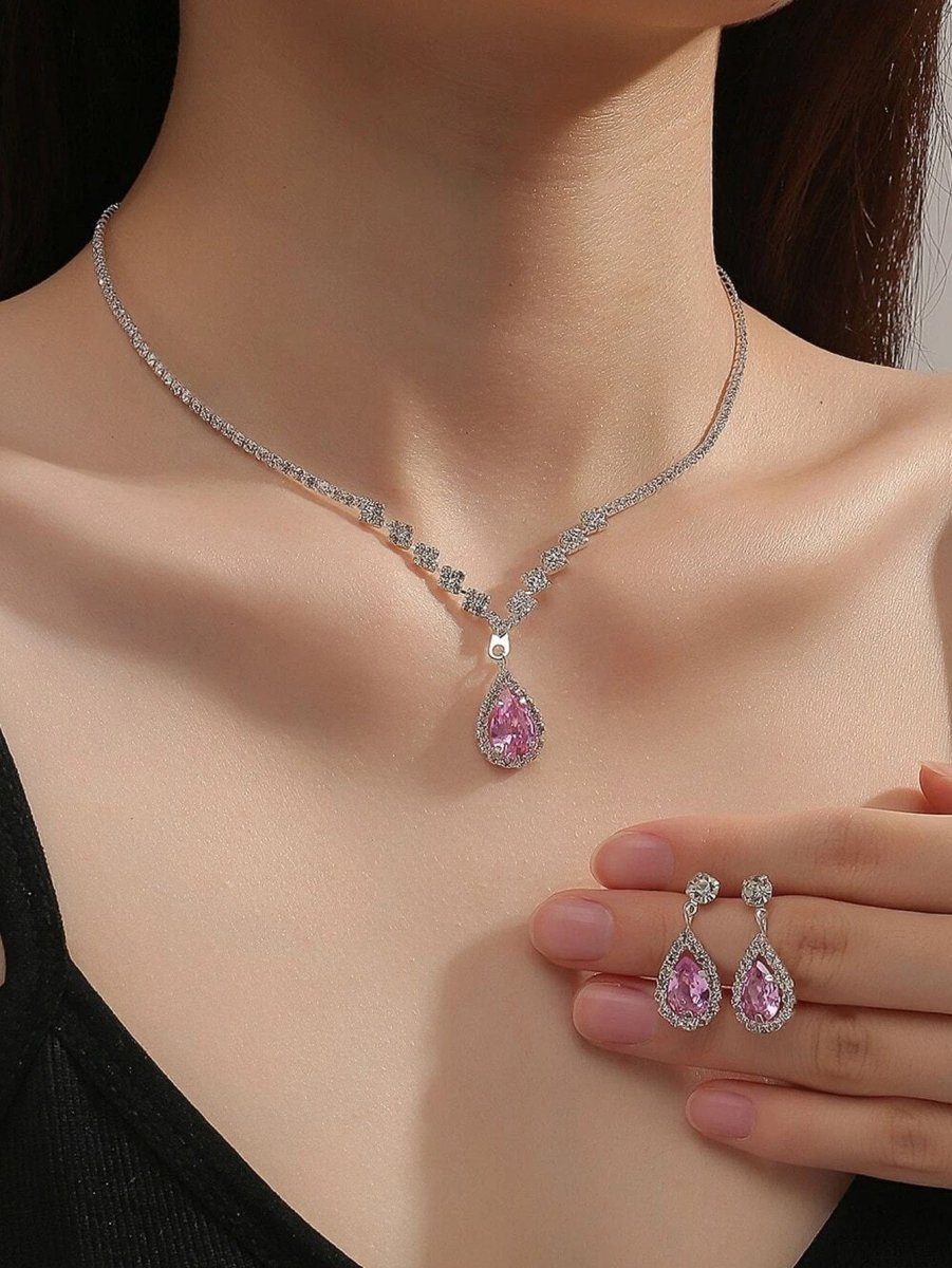 Mariam's Collection MAC181 Brilliant Full Diamond Zircon Drop Necklace And Earrings — product on model
