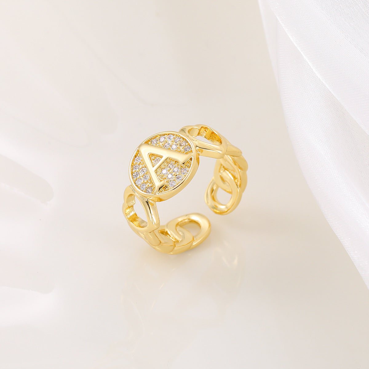 Mariam's Collection MAC186 Copper Set With Zircon 18K Real Gold Love Glossy Letter Ring — Mariam's Collection branding close-up