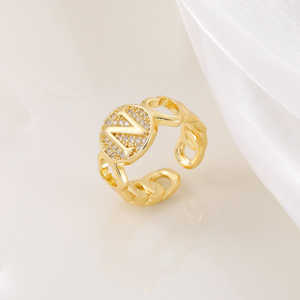 Mariam's Collection MAC186 Copper Set With Zircon 18K Real Gold Love Glossy Letter Ring — detail close-up