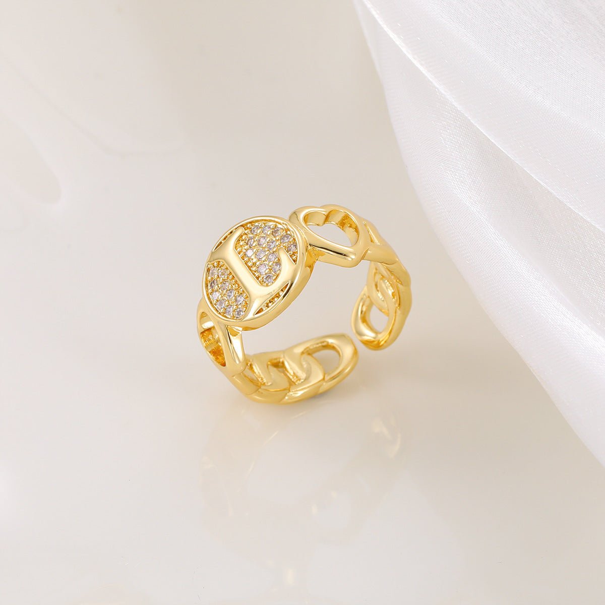 Mariam's Collection MAC186 Copper Set With Zircon 18K Real Gold Love Glossy Letter Ring — flat-lay composition