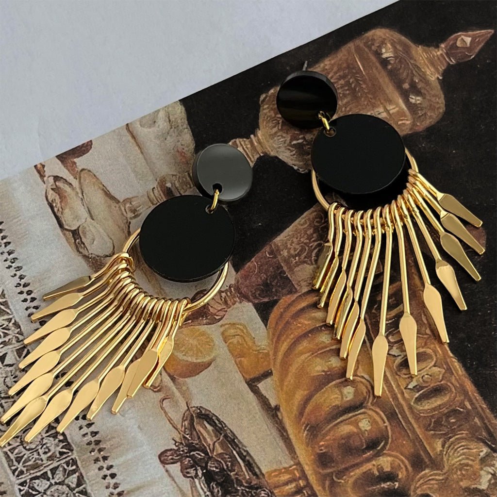 Mariam's Collection Mariam's Collection Medieval Tassel Black Gold Earrings(MAC197) — Mariam's Collection branding close-up