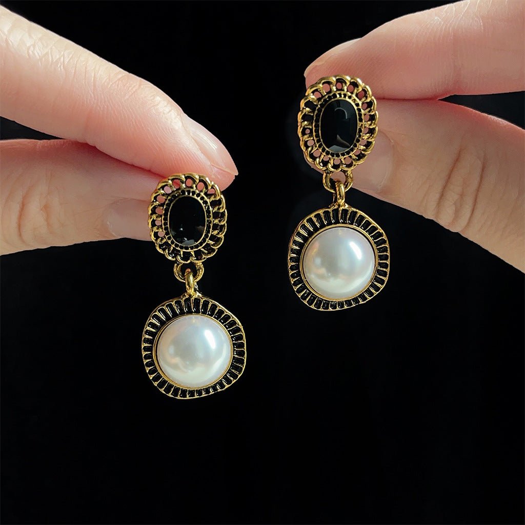 Mariam's Collection Medieval Black Gold Distressed Pearl Earrings(MAC199) — Mariam's Collection branding close-up