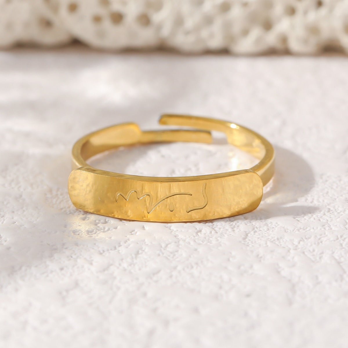Mariam's Collection Simple engraved titanium steel ring with Arabic elements （With gift box）(MAC215) — fabric or material det