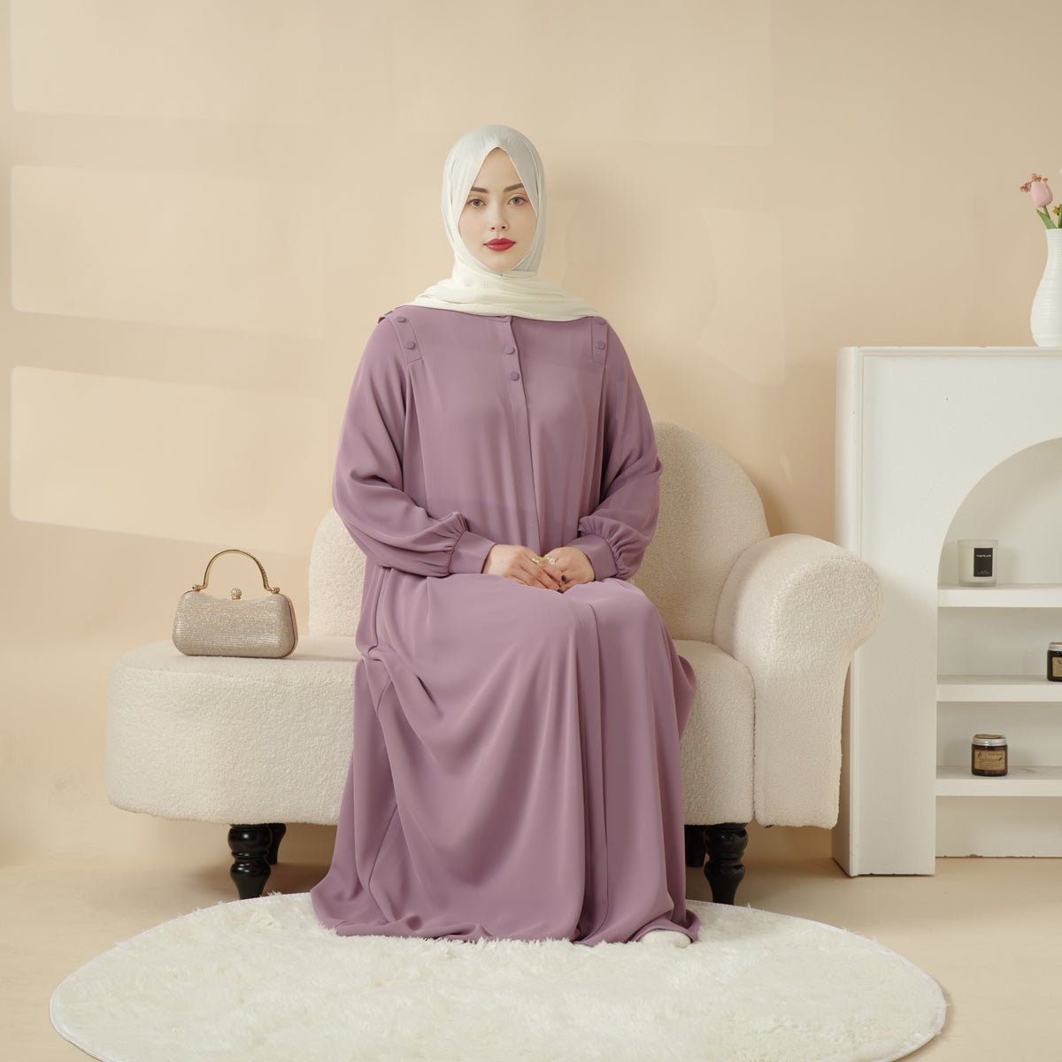 Mariam's Collection Macaron Color Shoulder Button Pullover Abaya (MA083) — lifestyle context