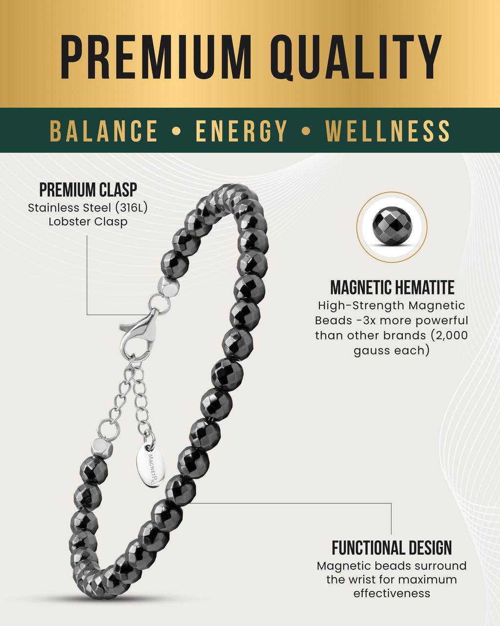 MagnetRX Hematite Magnetic Anklet (6mm Faceted Beads) — MagnetRX branding close-up