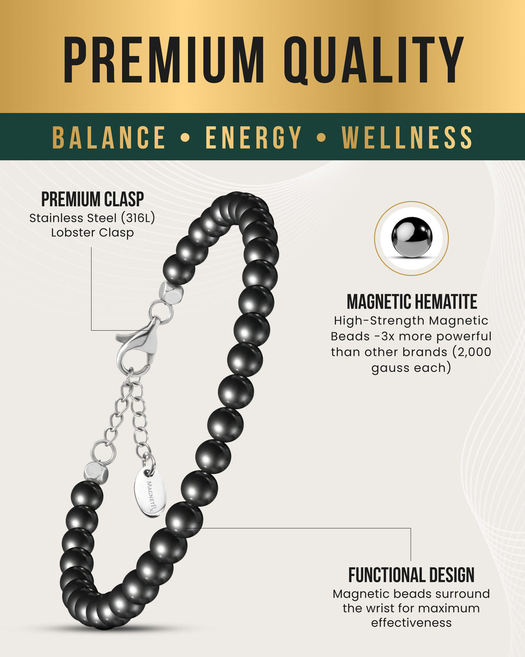 MagnetRX Hematite Magnetic Anklet (6mm Round Beads) — MagnetRX branding close-up