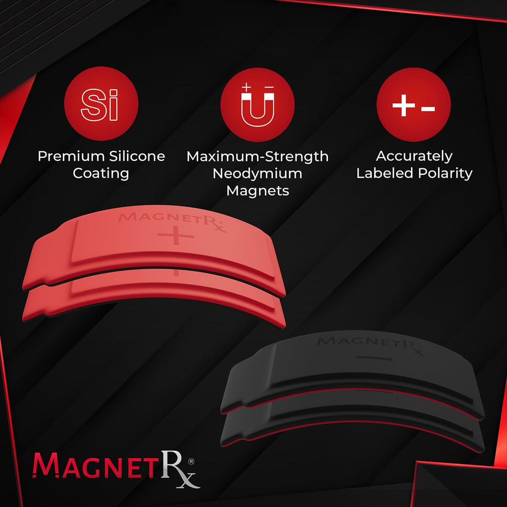 MagnetRX Biomagnetic Therapy Arc Magnets — Neodymium & Silicone (4 Curved Magnets) — MagnetRX branding close-up