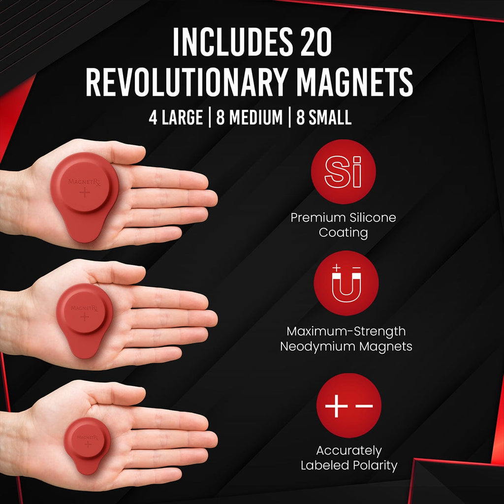 MagnetRX Biomagnetic Therapy Magnet Kit — Neodymium & Silicone (20 Mixed Units) — MagnetRX branding close-up