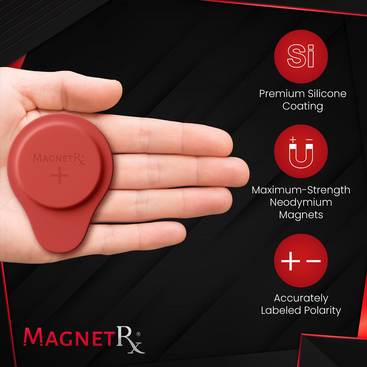 MagnetRX Biomagnetic Therapy Magnet Set — Neodymium & Silicone (2 Large Magnets) — MagnetRX branding close-up