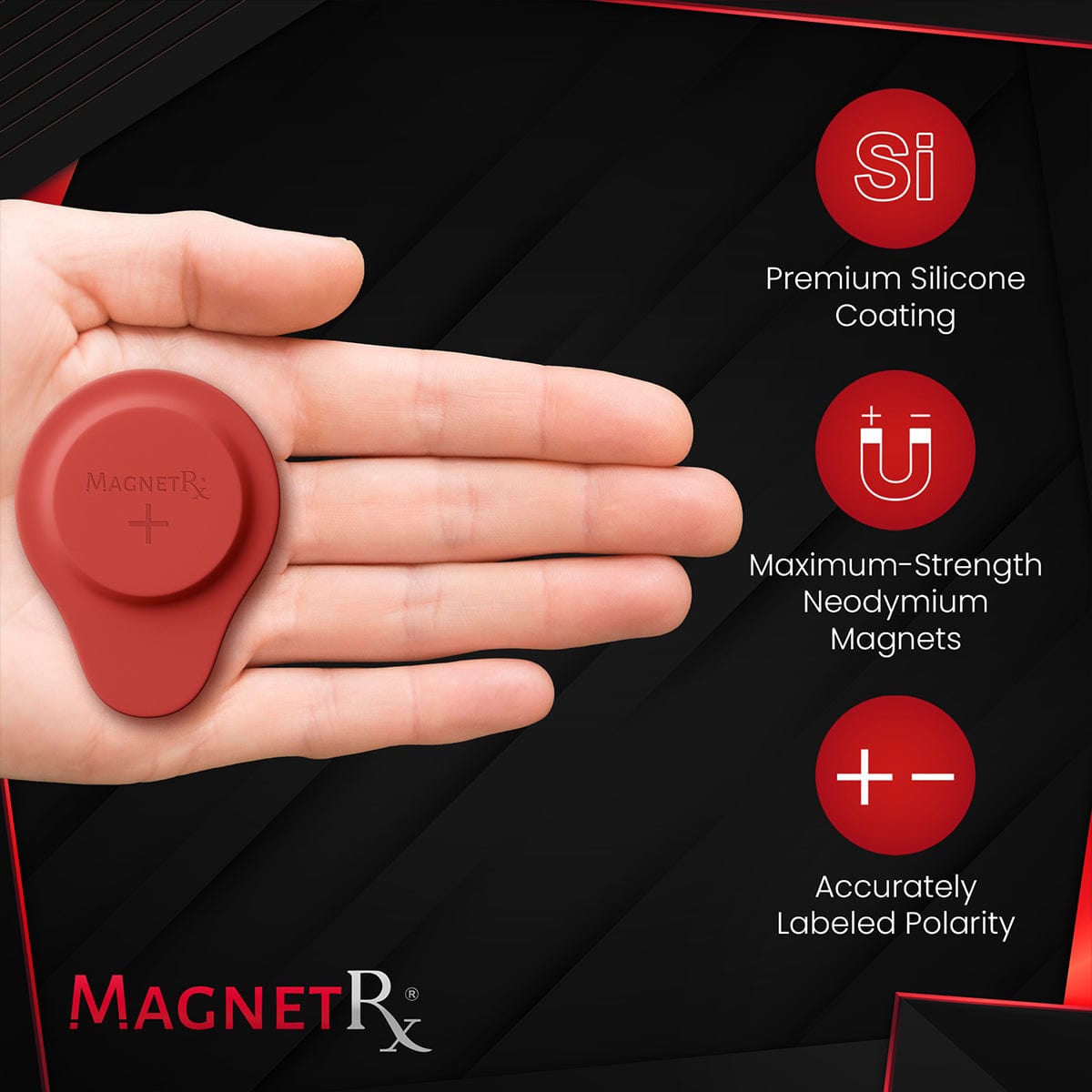 MagnetRX Biomagnetic Therapy Magnet Set — Neodymium & Silicone (2 Medium Magnets) — MagnetRX branding close-up