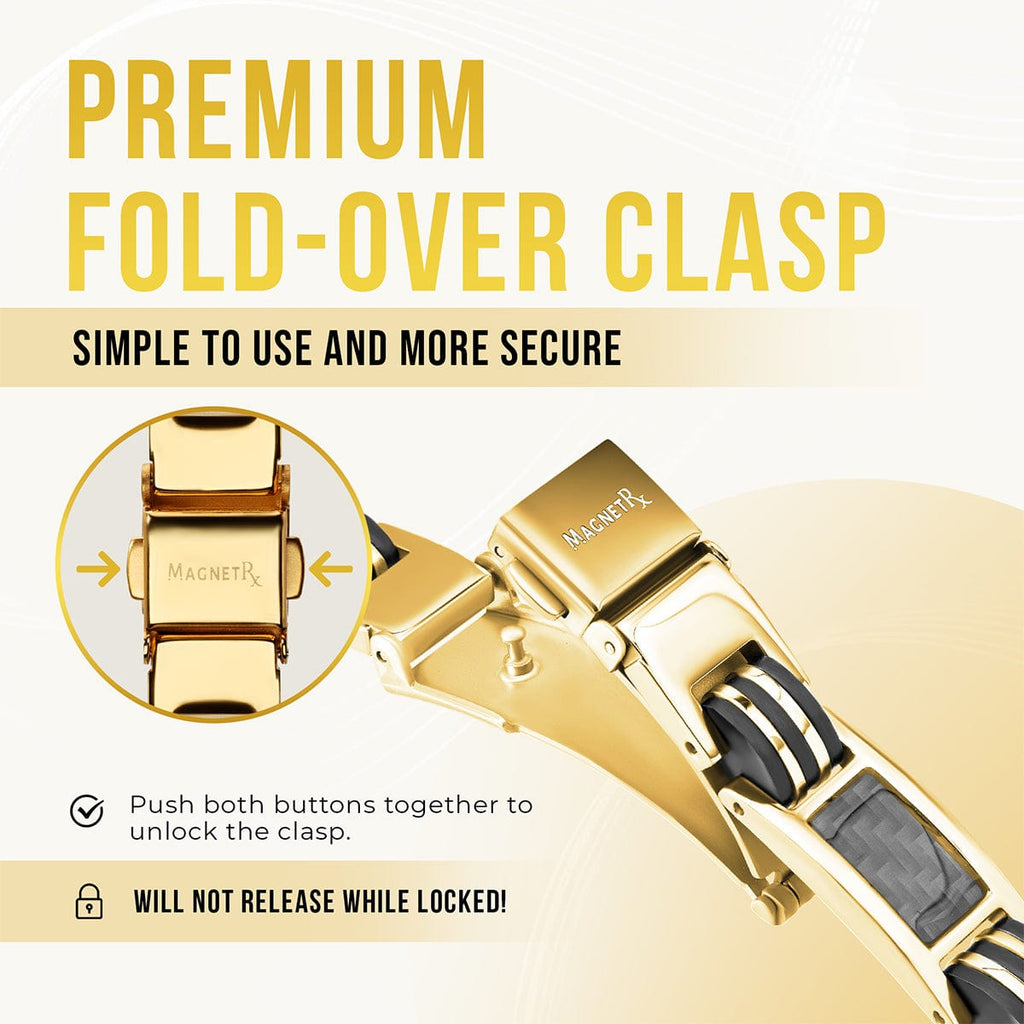 MagnetRX Carbon Fiber Magnetic Bracelet for Men (Gold) — MagnetRX branding close-up