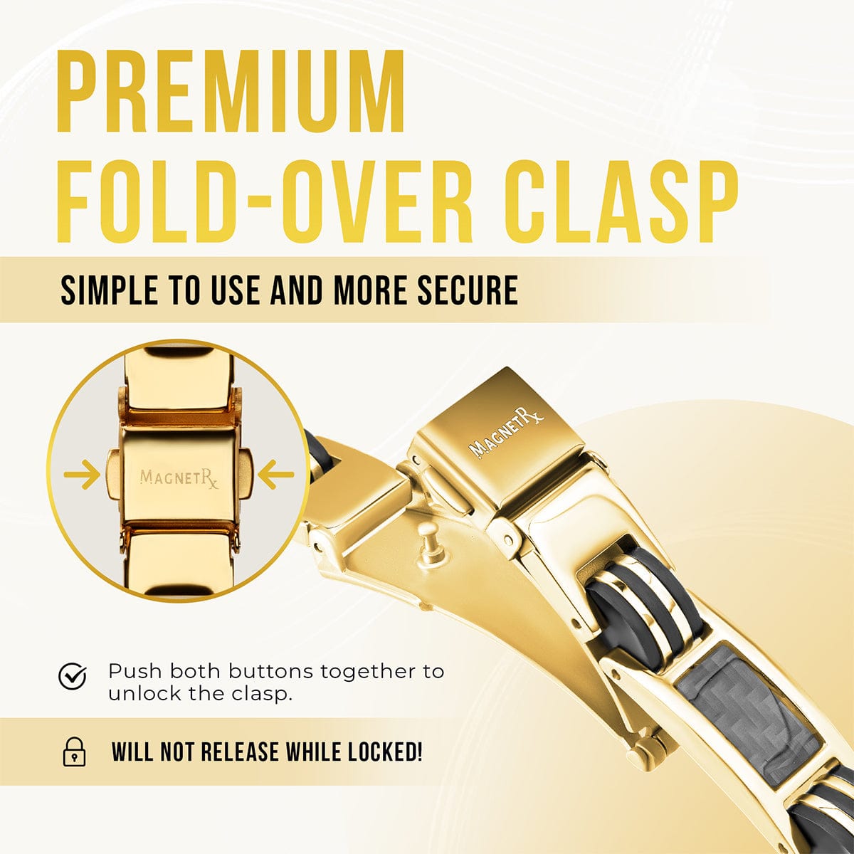 MagnetRX Carbon Fiber Magnetic Bracelet for Men (Gold) — MagnetRX branding close-up