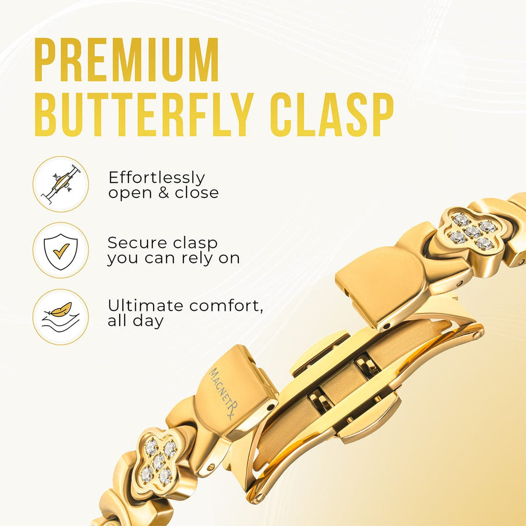 MagnetRX Clover Magnetic Bracelet for Women (Gold) — MagnetRX branding close-up