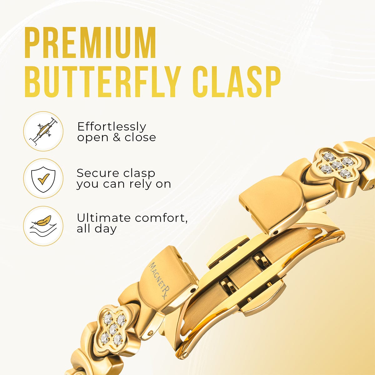 MagnetRX Clover Magnetic Bracelet for Women (Gold) — MagnetRX branding close-up