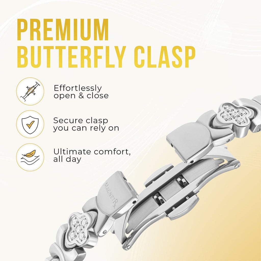 MagnetRX Clover Magnetic Bracelet for Women (Silver) — MagnetRX branding close-up