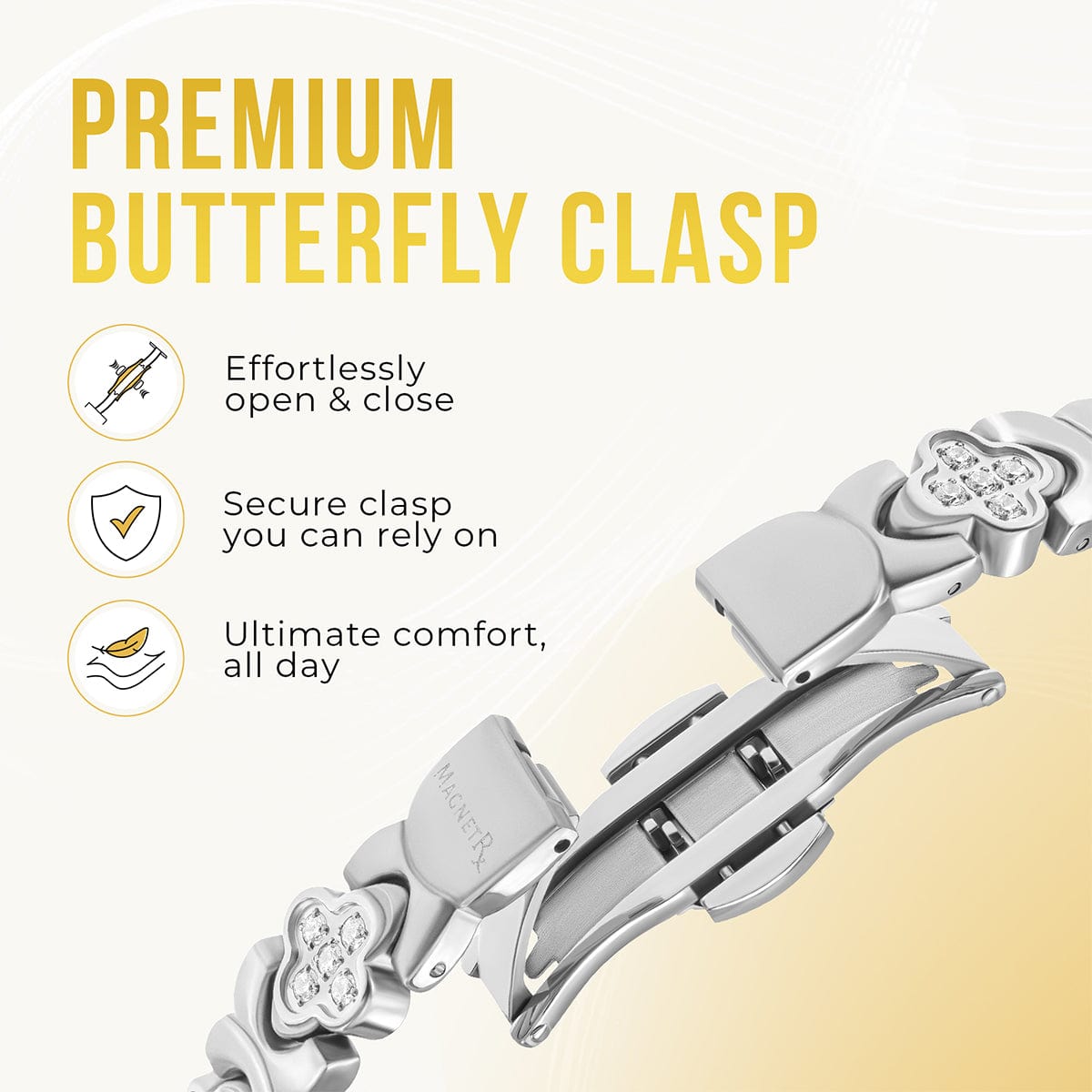 MagnetRX Clover Magnetic Bracelet for Women (Silver) — MagnetRX branding close-up