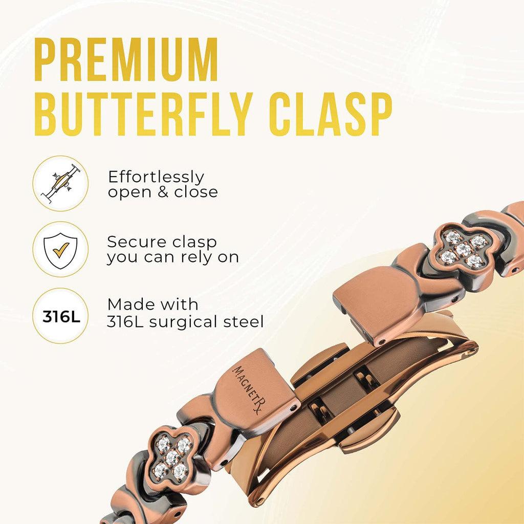 MagnetRX Copper Clover Magnetic Bracelet for Women — MagnetRX branding close-up