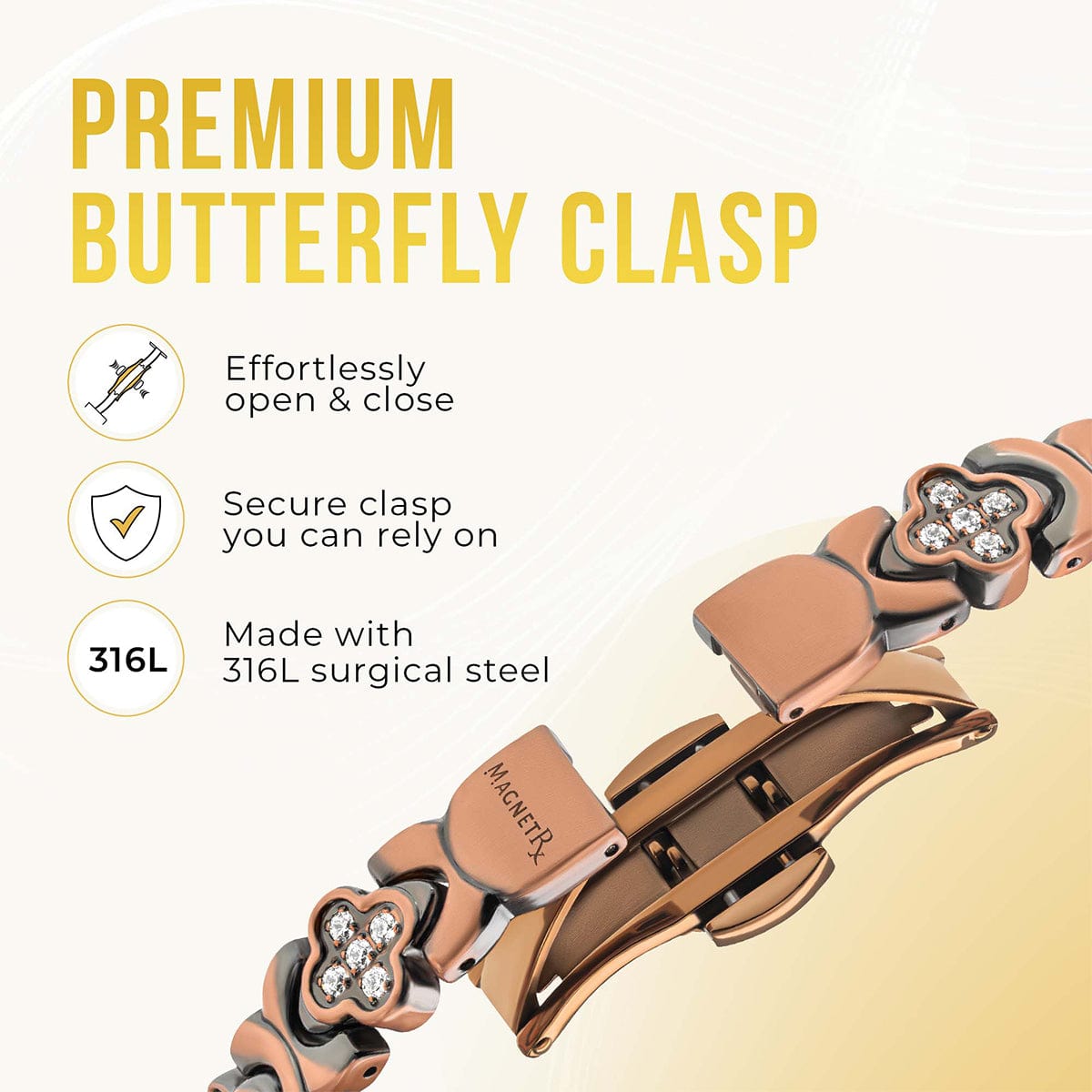 MagnetRX Copper Clover Magnetic Bracelet for Women — MagnetRX branding close-up