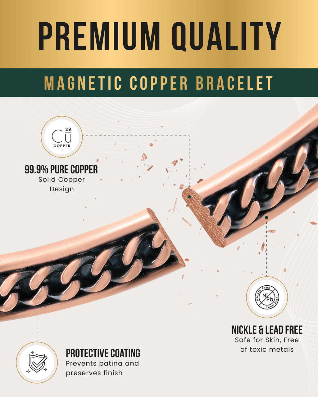 MagnetRX Curb Chain Inlay Copper Cuff Magnetic Therapy Bracelet for Men & Women — lifestyle worn / used context