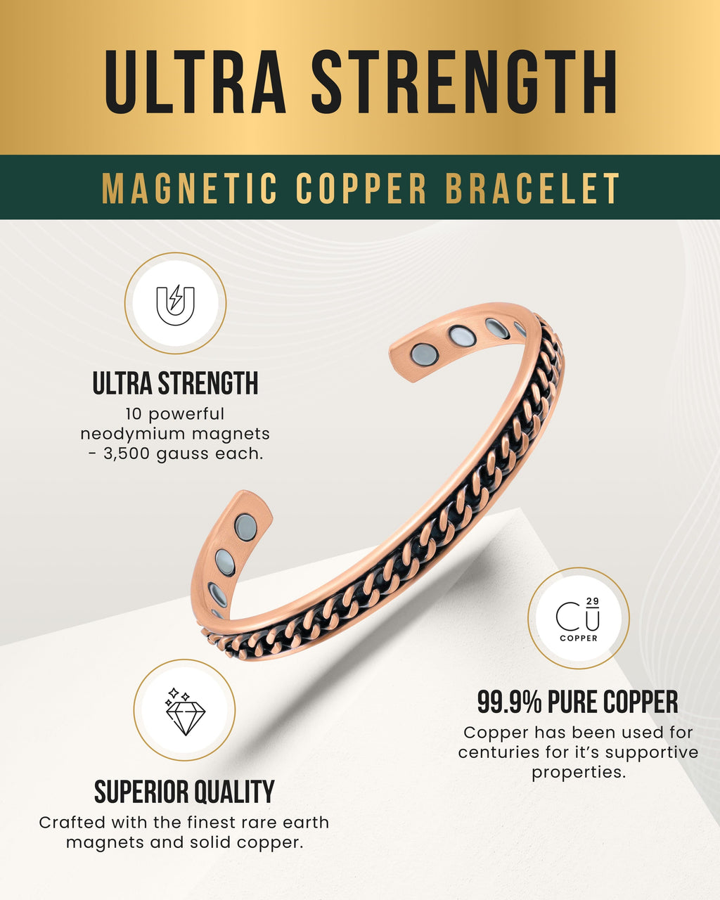 MagnetRX Curb Chain Inlay Copper Cuff Magnetic Therapy Bracelet for Men & Women — MagnetRX branding close-up