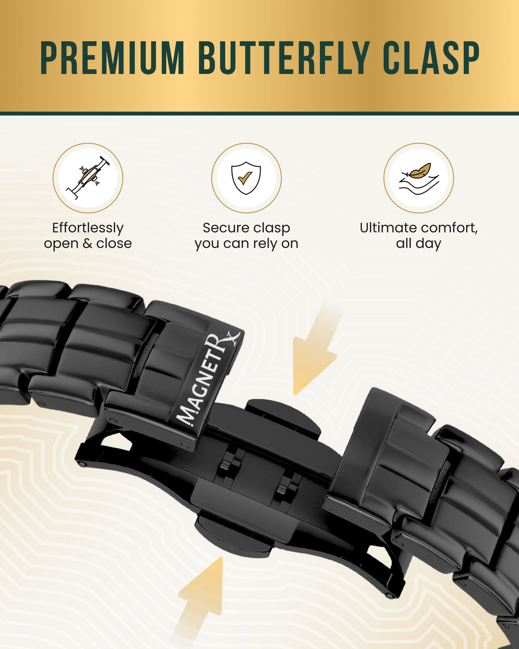 MagnetRX EllipseMAX Magnetic Bracelet for Men (Black) — MagnetRX branding close-up