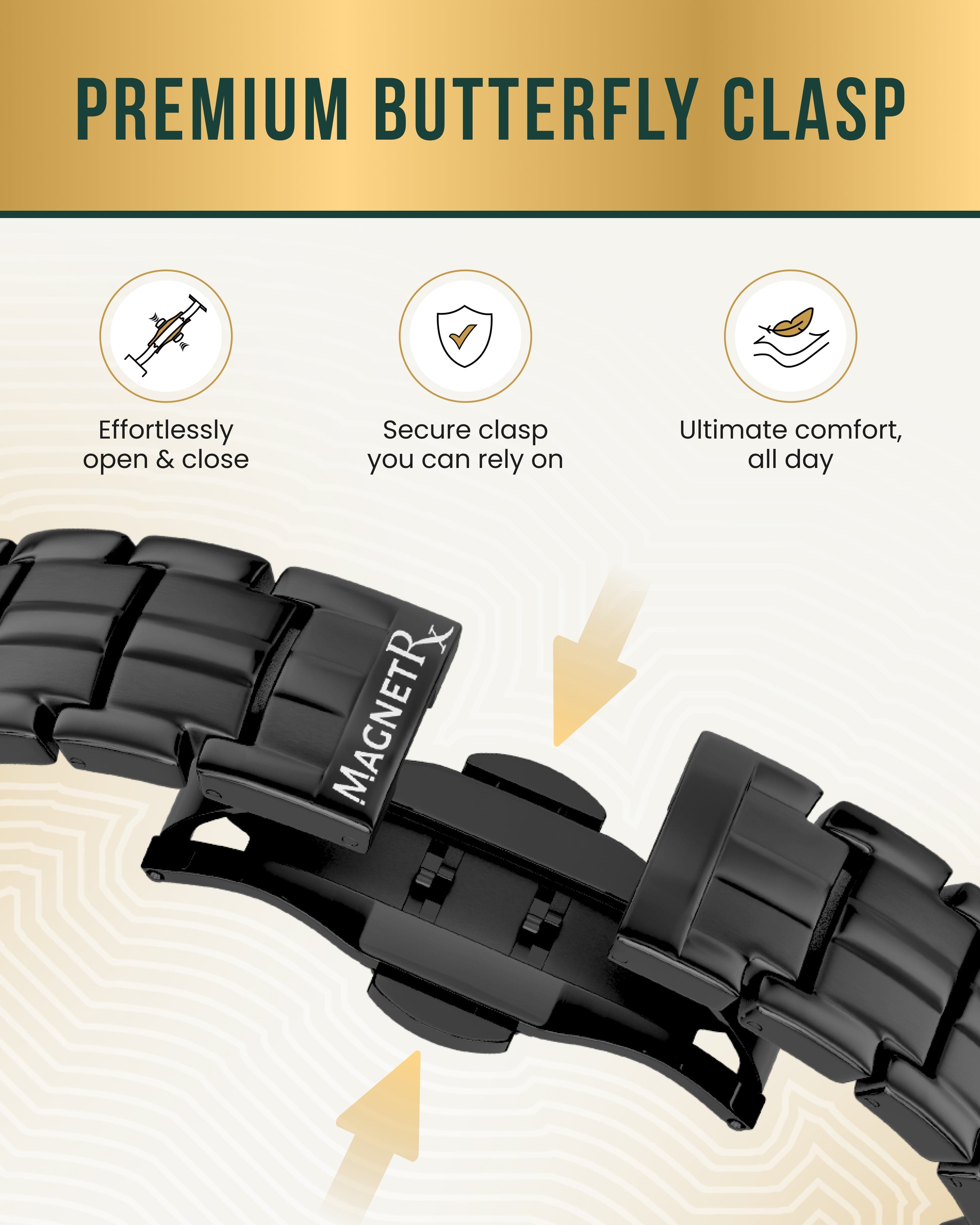 MagnetRX EllipseMAX Magnetic Bracelet for Men (Black) — MagnetRX branding close-up