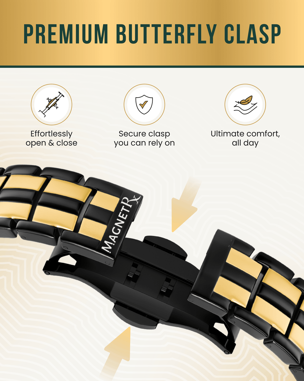 MagnetRX EllipseMAX Magnetic Bracelet for Men (Black & Gold) — MagnetRX branding close-up