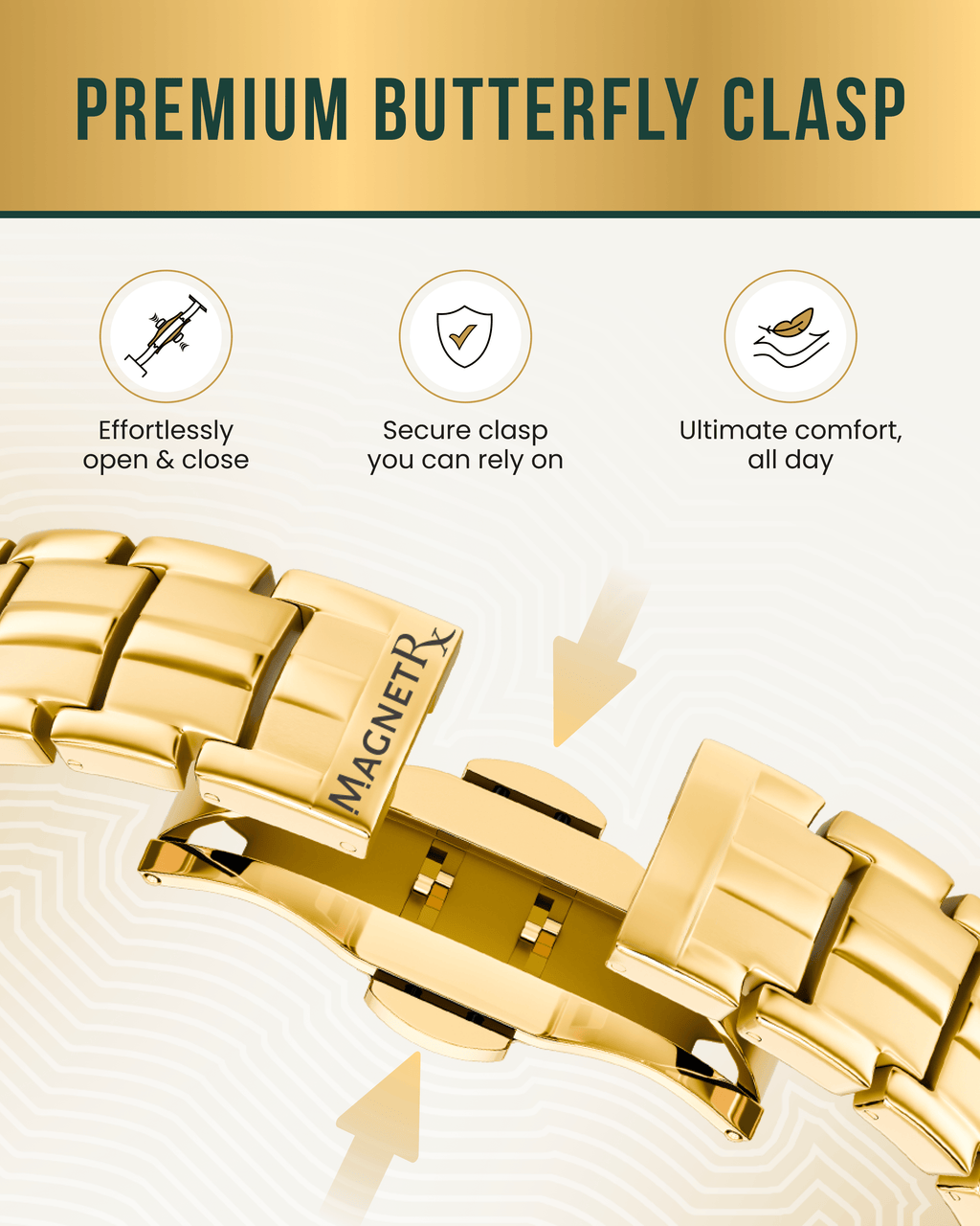 MagnetRX EllipseMAX Magnetic Bracelet for Men (Gold) — MagnetRX branding close-up