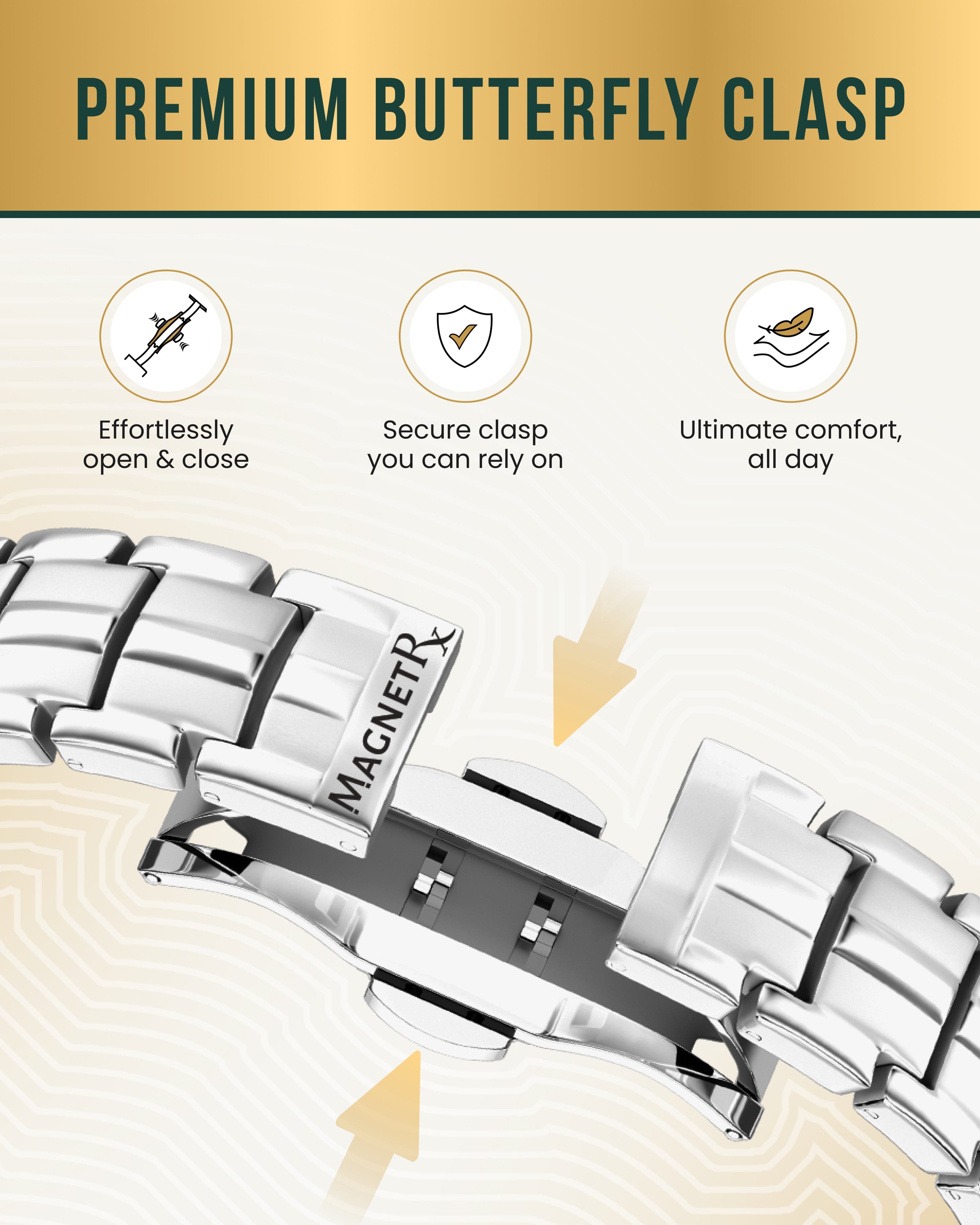MagnetRX EllipseMAX Magnetic Bracelet for Men (Silver) — MagnetRX branding close-up