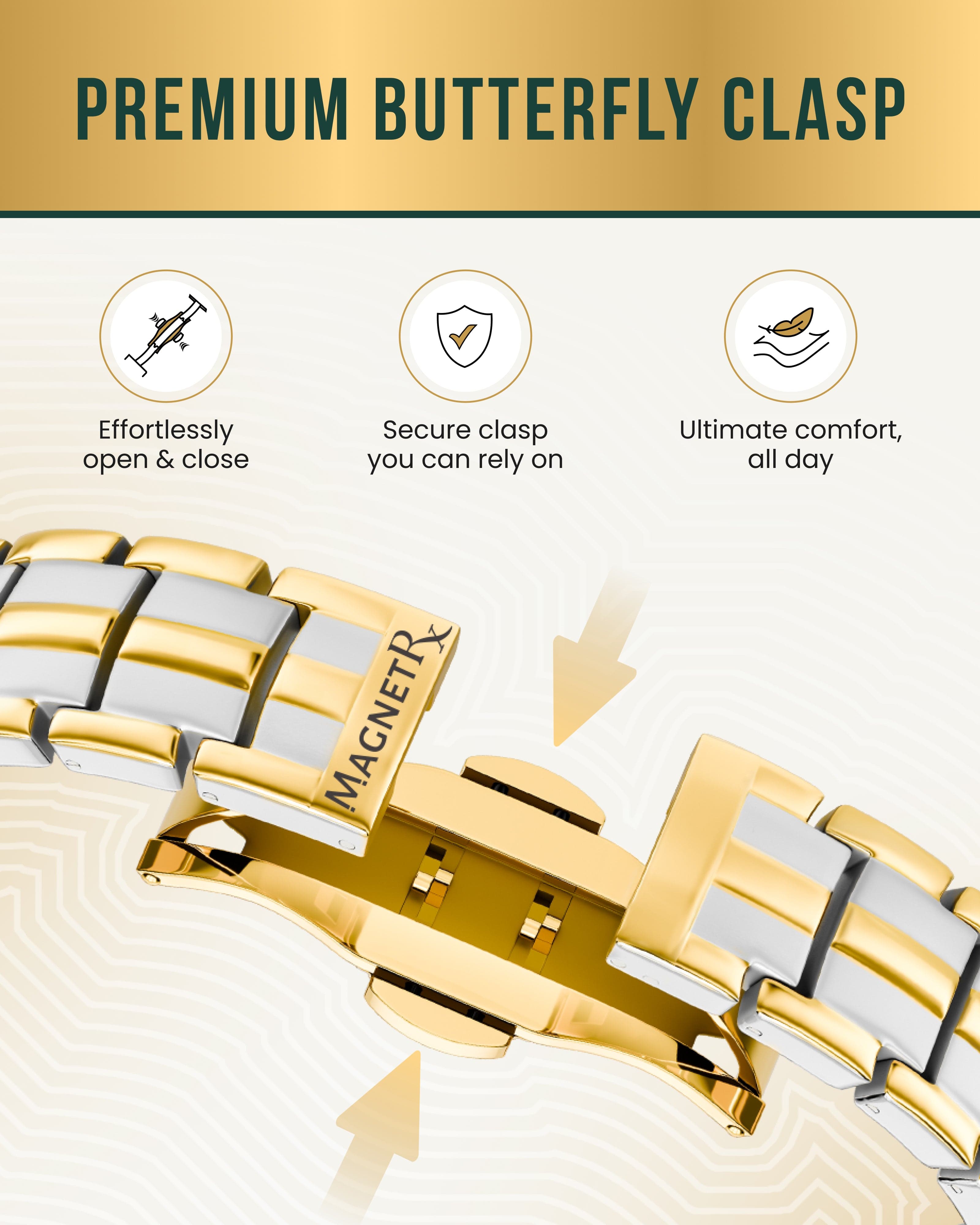 MagnetRX EllipseMAX Magnetic Bracelet for Men (Silver & Gold) — MagnetRX branding close-up