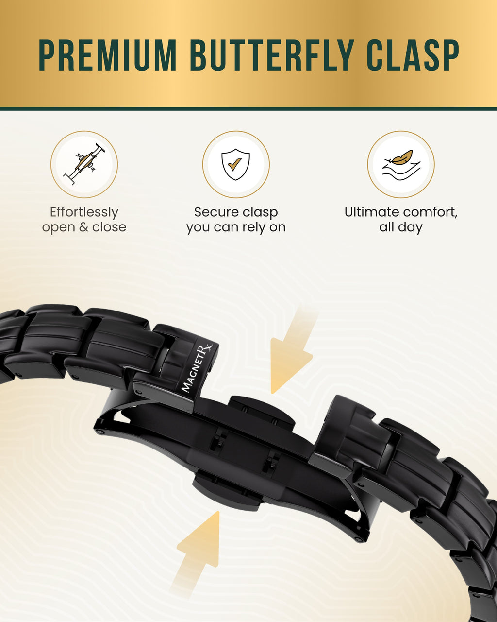MagnetRX EllipseMAX Magnetic Bracelet for Women (Black) — MagnetRX branding close-up